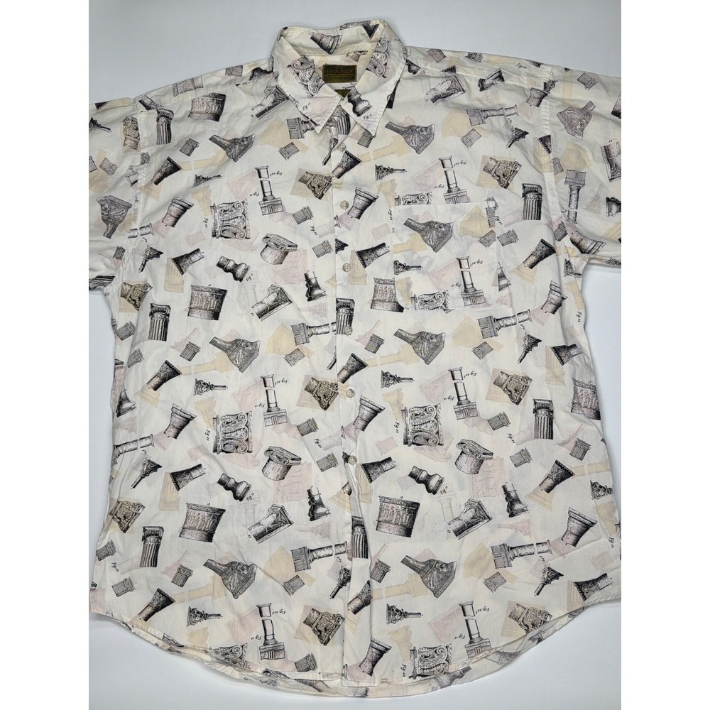 Evergreen Mens Large Short Sleeve Button Up Shirt‎ Greek Roman Column Print
